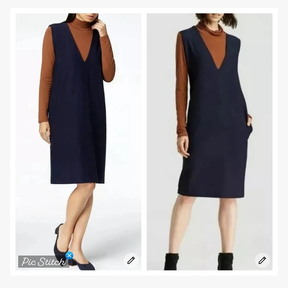 Eileen Fisher Midnight V Neck K/L Crepe Tencel Dress